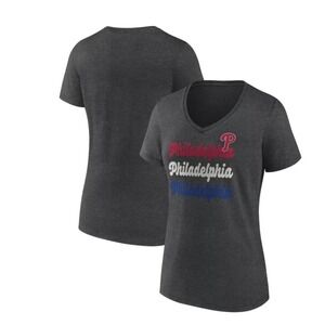 V-Neck Graphic Philadelphia Phillies Majestic T-Shirt Charcoal New Womens Medium